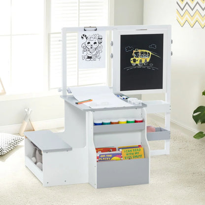 Kids Art Easel Table and Bench Set with Adjustable Easel and Bookshelf