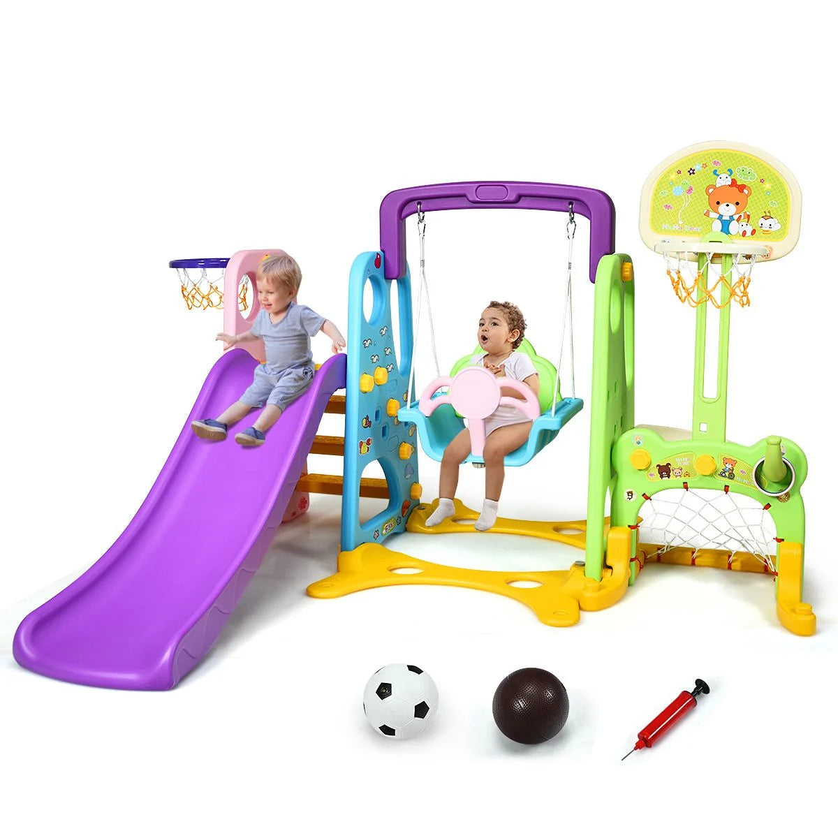 6 in 1 Kids Multifunctional Play Set with Slide, Swing and Basketball Hoop