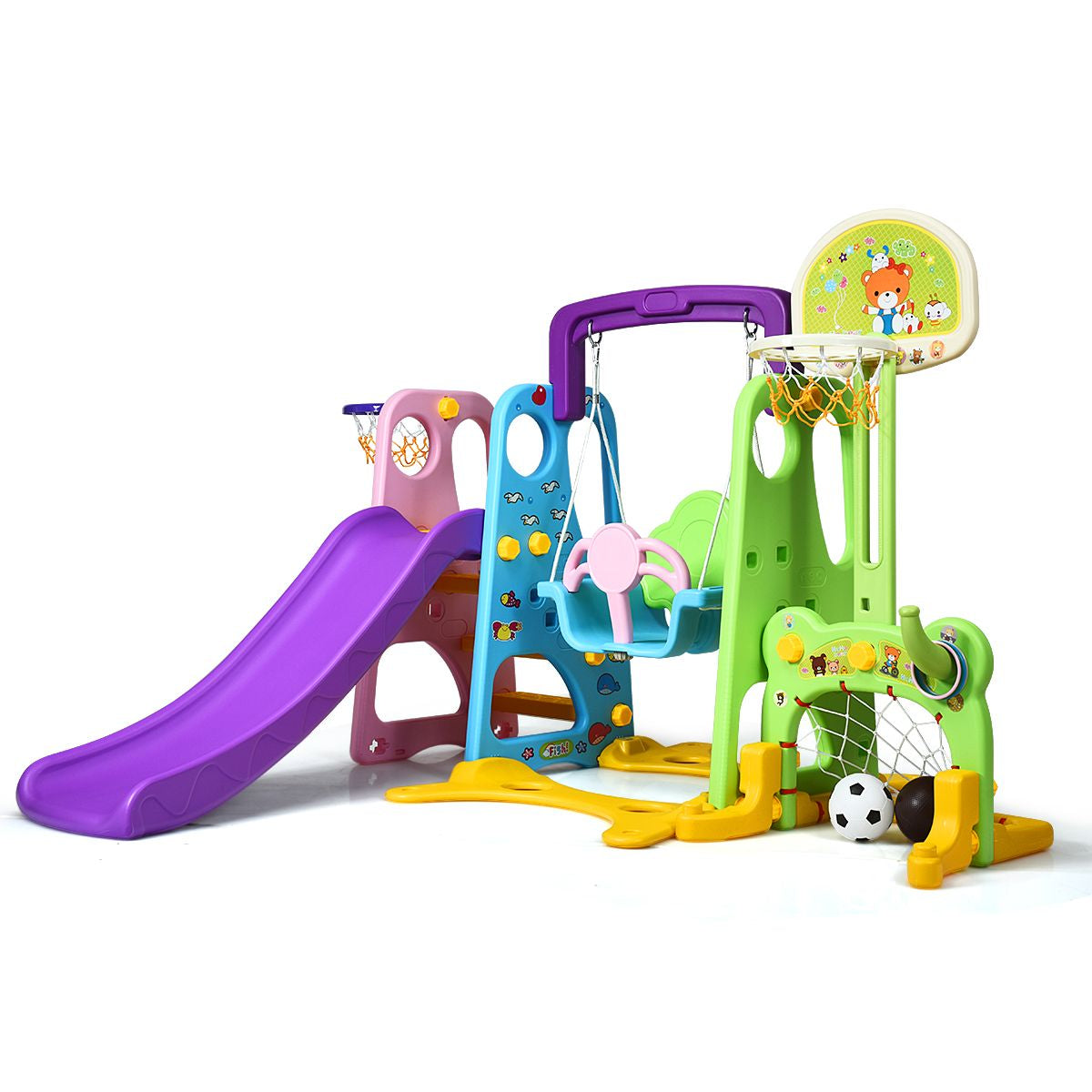 6 in 1 Kids Multifunctional Play Set with Slide, Swing and Basketball Hoop