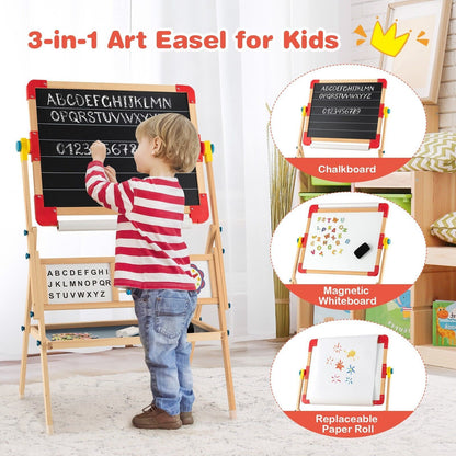 3-In-1 Freestanding Kids Art Easel with Double-Sided Drawing Board