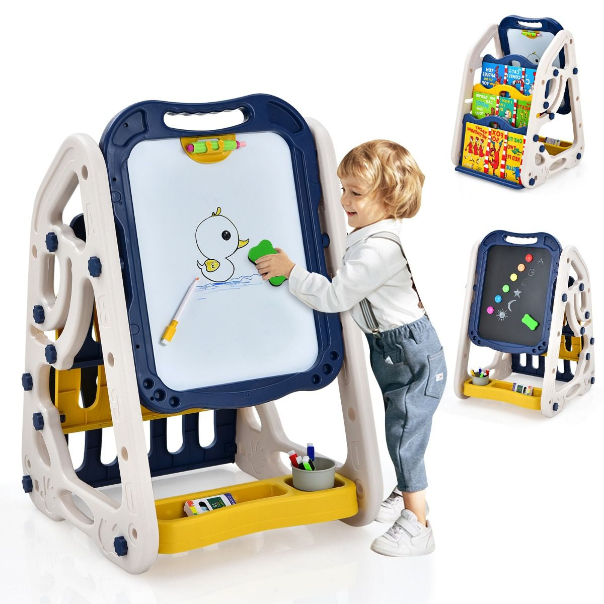 3-In-1 Kids Art Easel with Bookshelf Storage Tray and Art Accessories