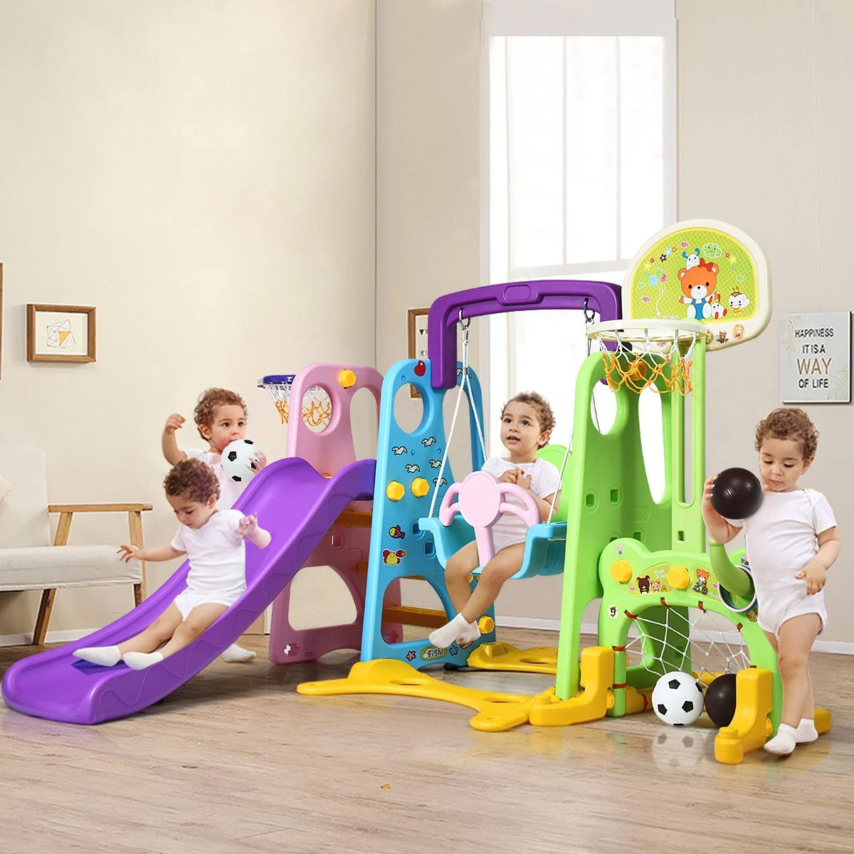 6 in 1 Kids Multifunctional Play Set with Slide, Swing and Basketball Hoop