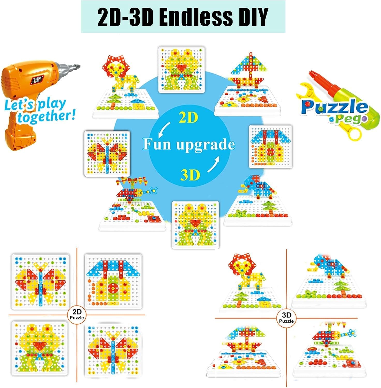 261 Pcs STEM Toys Kids Drill 2 in 1 Educational Set with Electric Drill Puzzle and Button Art Toy for Boys and Girls Ages 3 4 5 6 7 8