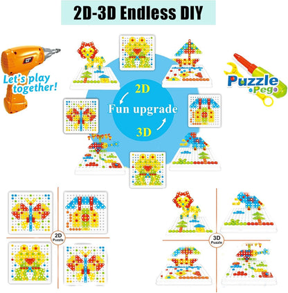 261 Pcs STEM Toys Kids Drill 2 in 1 Educational Set with Electric Drill Puzzle and Button Art Toy for Boys and Girls Ages 3 4 5 6 7 8