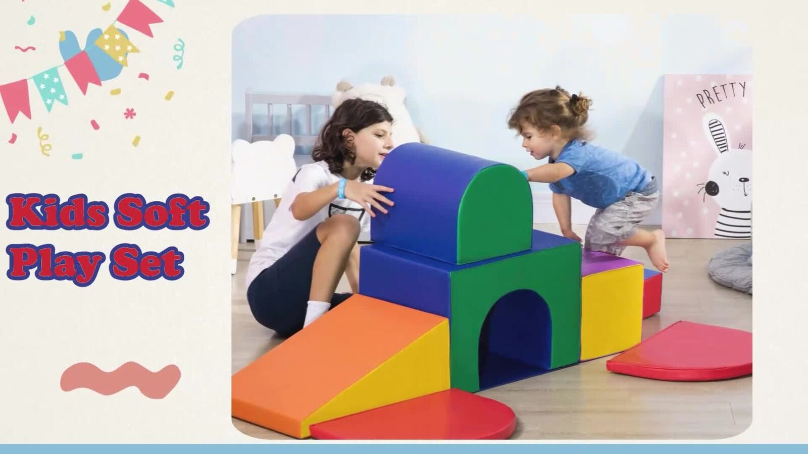 Seven-Piece Soft Playset Kids Stair and Ramp Colourful Play Area, for Toddlers