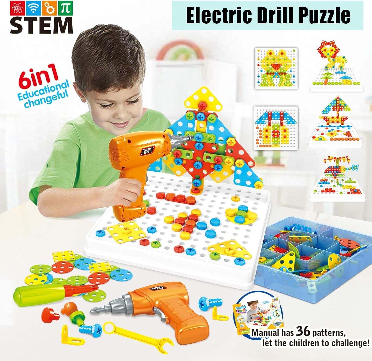 261 Pcs STEM Toys Kids Drill 2 in 1 Educational Set with Electric Drill Puzzle and Button Art Toy for Boys and Girls Ages 3 4 5 6 7 8