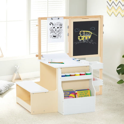 Kids Art Easel Table and Bench Set with Adjustable Easel and Bookshelf