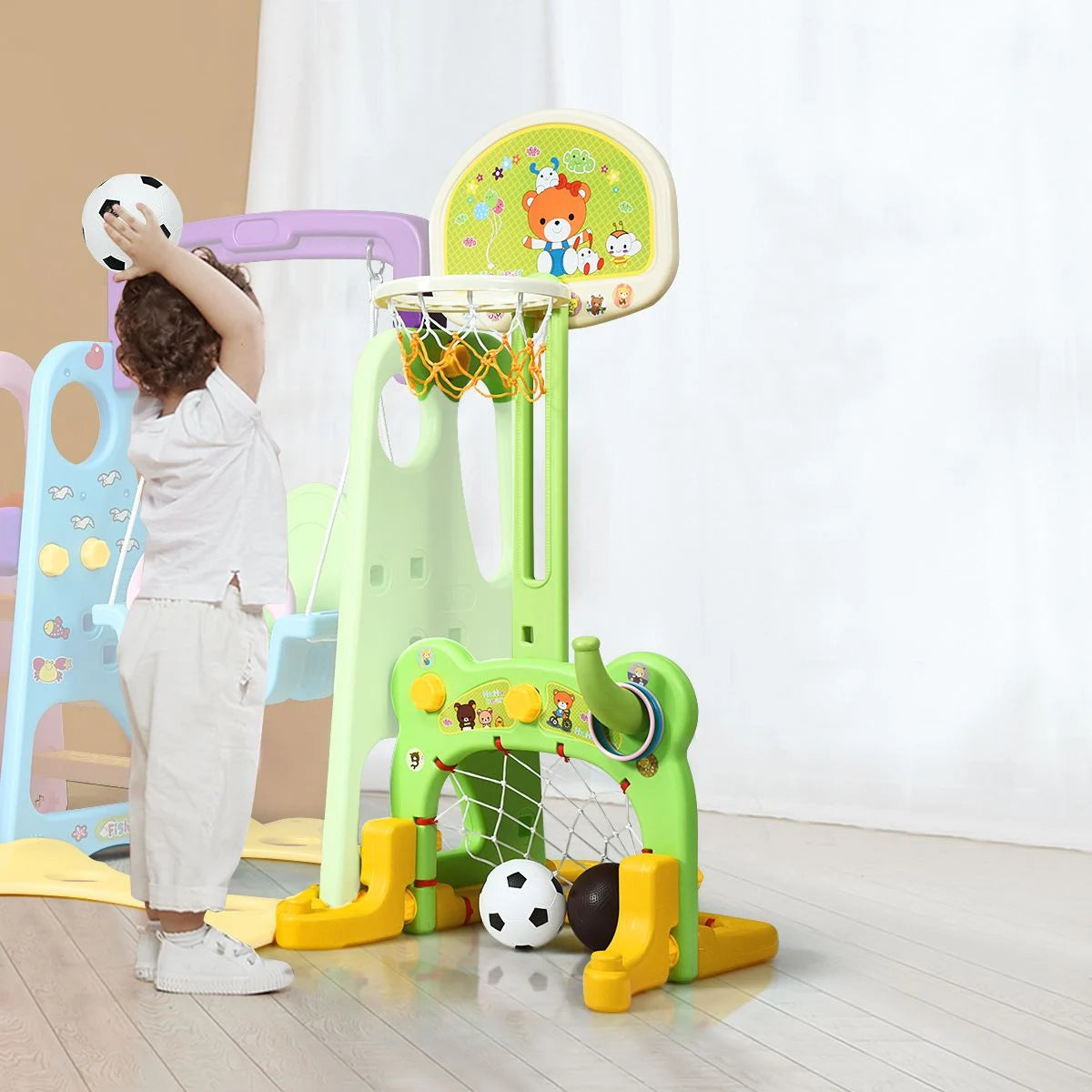 6 in 1 Kids Multifunctional Play Set with Slide, Swing and Basketball Hoop