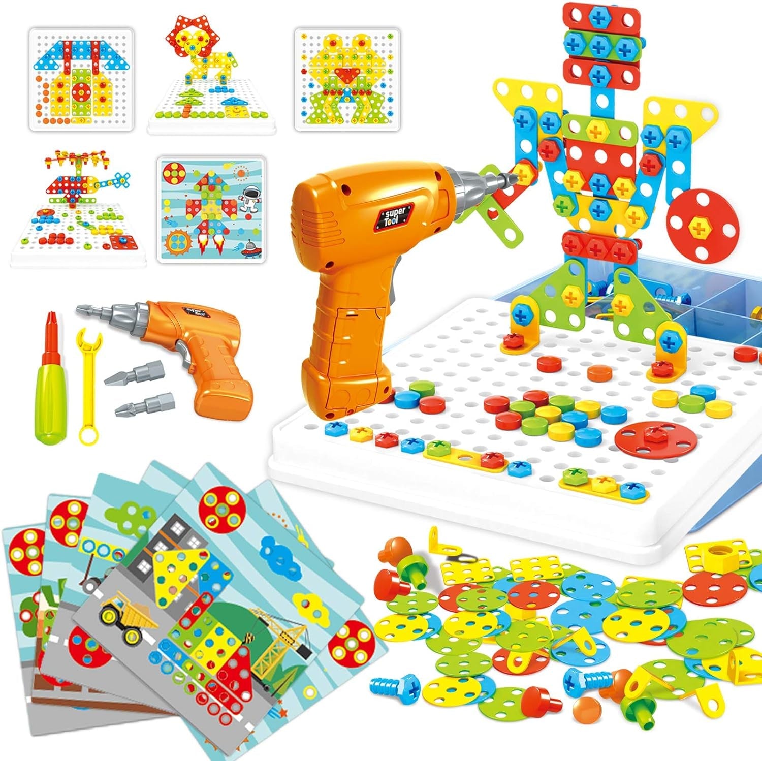 261 Pcs STEM Toys Kids Drill 2 in 1 Educational Set with Electric Drill Puzzle and Button Art Toy for Boys and Girls Ages 3 4 5 6 7 8