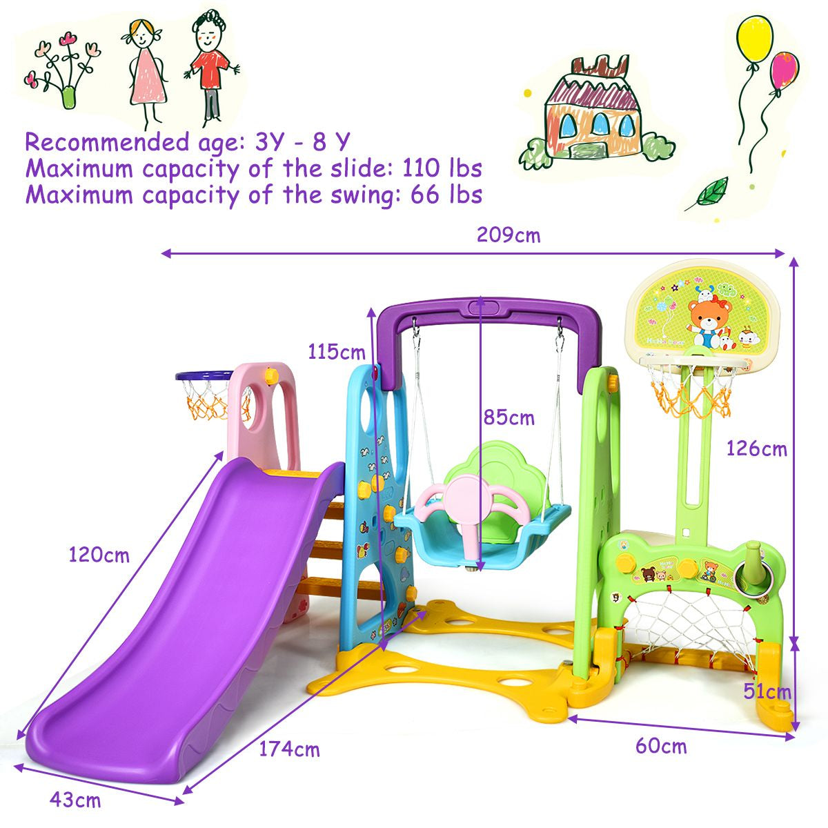 6 in 1 Kids Multifunctional Play Set with Slide, Swing and Basketball Hoop