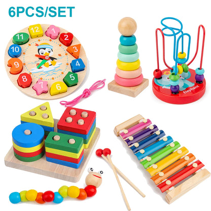 5-6Pcs/Set Montessori Wooden Toys for Babies Boy Girl Gift Baby Development Games Wood Puzzle for Kids Educational Learning Toy