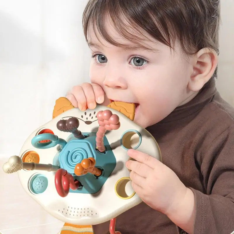 Baby Montessori Pull String Developmental Sensory Toys Fox Shaped Food Grade Pull Activity Travel Toy Teething Toys for Babies