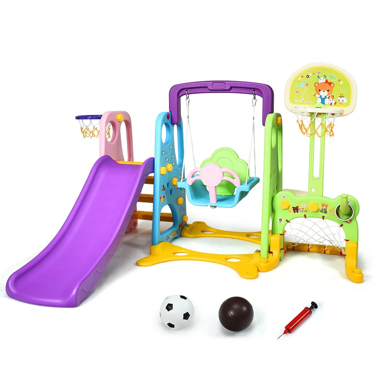 6 in 1 Kids Multifunctional Play Set with Slide, Swing and Basketball Hoop