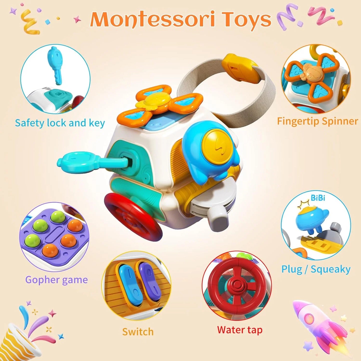 Montessori Sensory Toys, Busy Cube, Toy for Toddlers 1-3, Learning Educational Toys for 1 2 3 Year Old Boys Girls