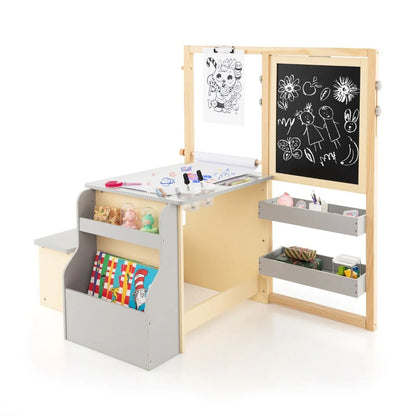 Kids Art Easel Table and Bench Set with Adjustable Easel and Bookshelf