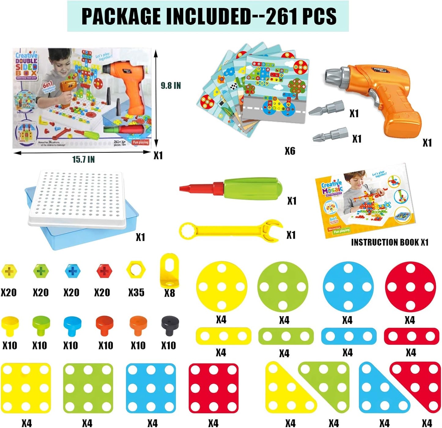 261 Pcs STEM Toys Kids Drill 2 in 1 Educational Set with Electric Drill Puzzle and Button Art Toy for Boys and Girls Ages 3 4 5 6 7 8